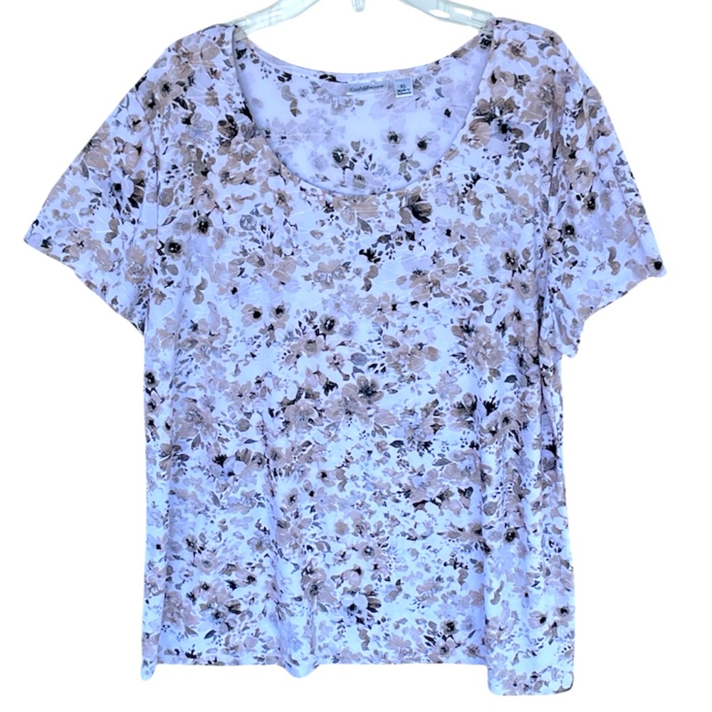 CROFT & BARROW WOMENS FLORAL BEIGE WHITE GRAY SHORT SLEEVE TOP SIZE XL